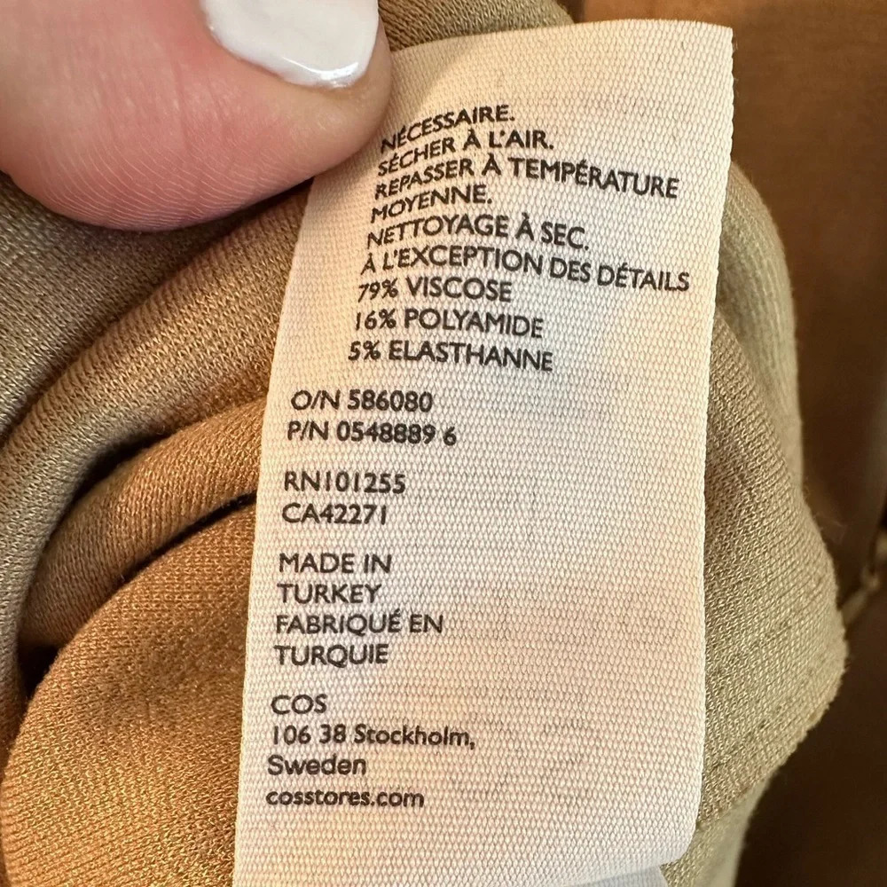 COS M Glossy Minimalist Taupe Puff Bubble Short Sleeve Shift Scandi Style Dress - Picture 12 of 16